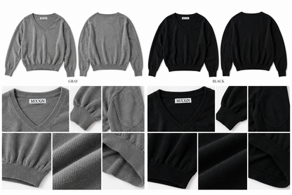 Pullover V-Neck Misto Lino con Toppe
